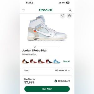 Off-White men Jordan 1 Retro High - off white euro. Us size 10. Used